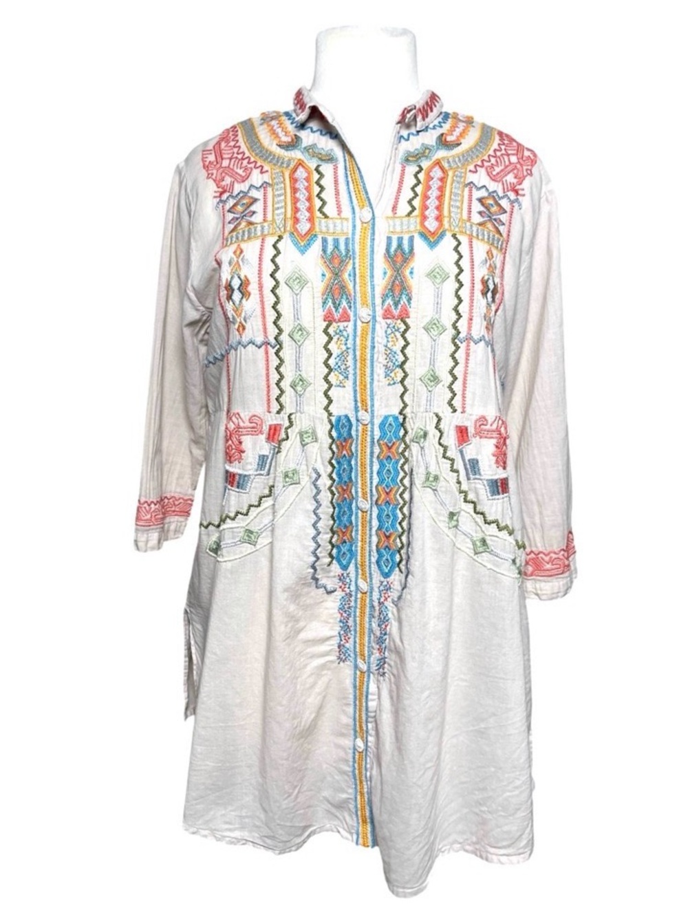 JOHNNY WAS BIYA Women’s Boho Multi Embroidered Beige Button Up Tunic